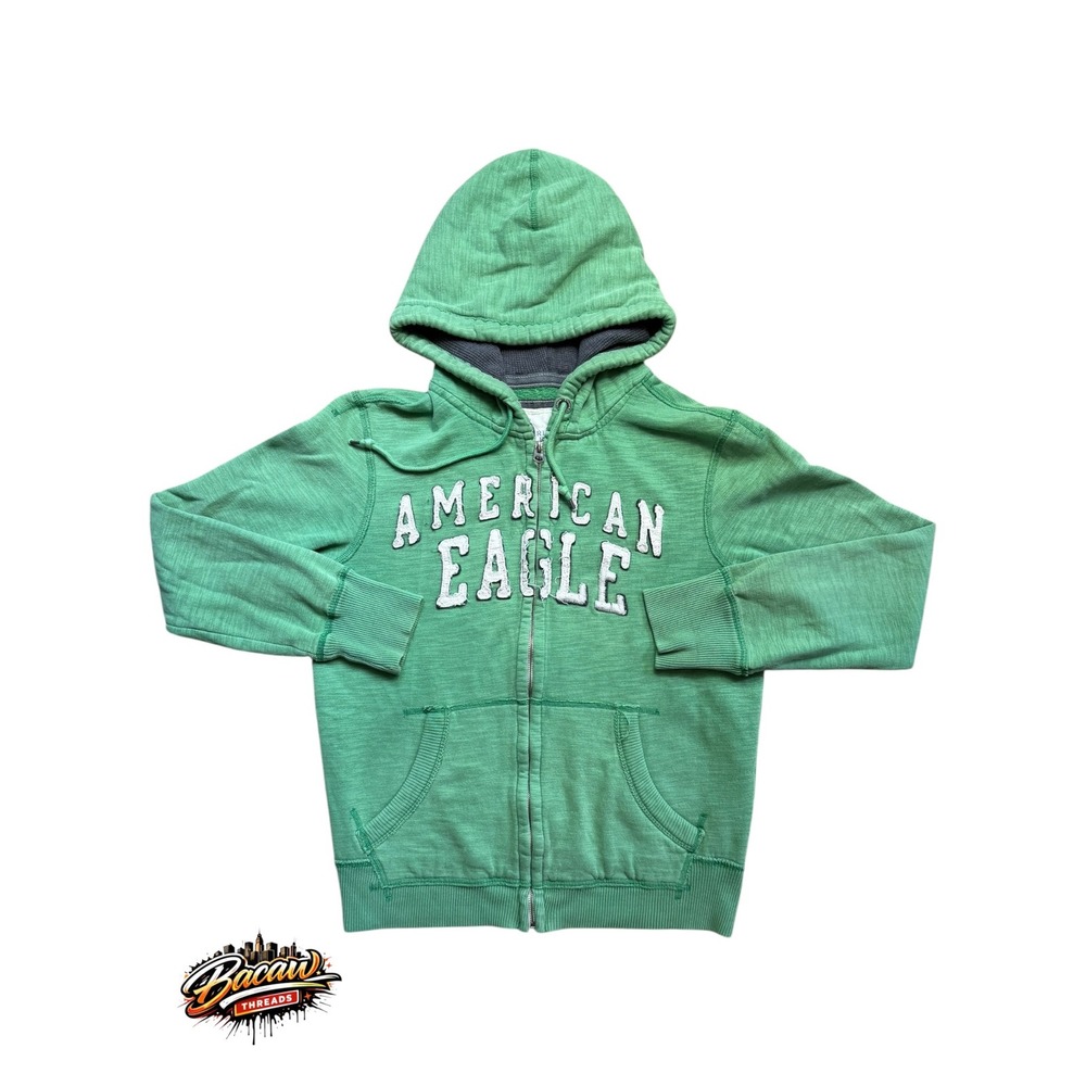 American Eagle Mens Green Full Zip Hoodie Applique Logo Fleece Sweatshirt M Y2K
